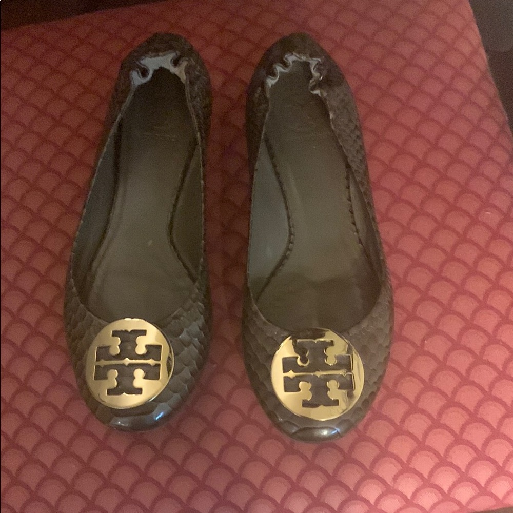 Tory Burch Brown Quilted Flats with Gold Medallion